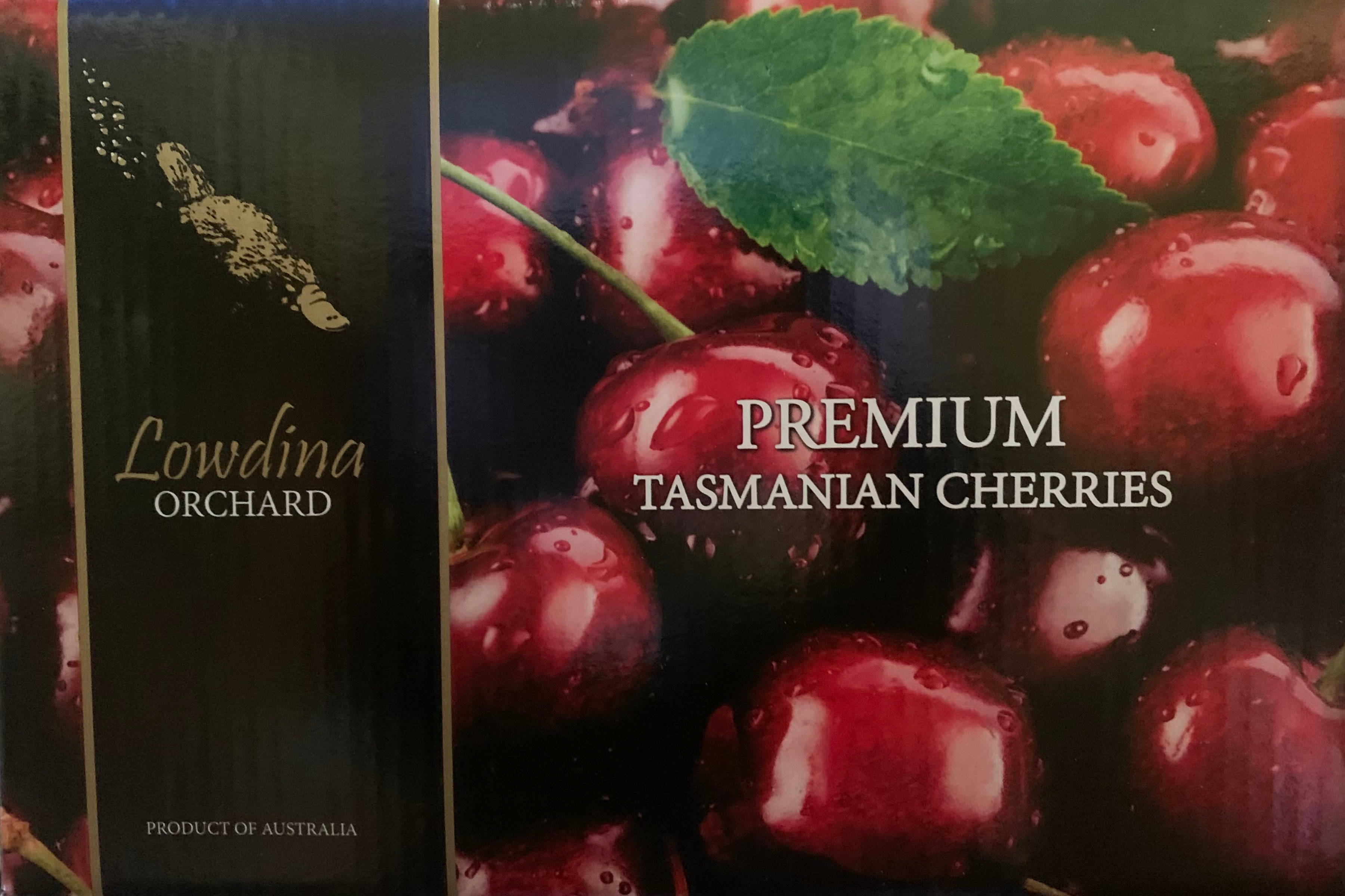 Branded box of Lowdina Orchard Premium Tasmanian Cherries. Photo: Lowdina Orchard.